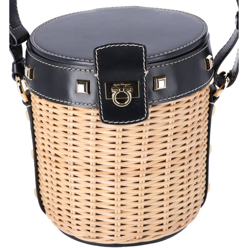 Salvatore Ferragamo Gancini Drawstring Bucket Bag Wicker Studded Leather + Pouch Salvatore Ferragamo Handbags